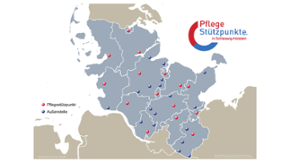 Graue Landkarte von Schleswig-Holstein mit blauen Punkten für die Pflegestützpunkte und roten für deren Außenstellen. (Quelle: MSJFSIG) Graue Landkarte von Schleswig-Holstein mit blauen Punkten für die Pflegestützpunkte und roten für deren Außenstellen.